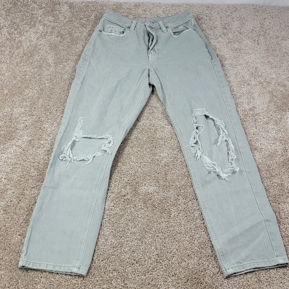 American Eagle Mom Jeans Ripped Distressed High Waist Denim Green Size 2 Long